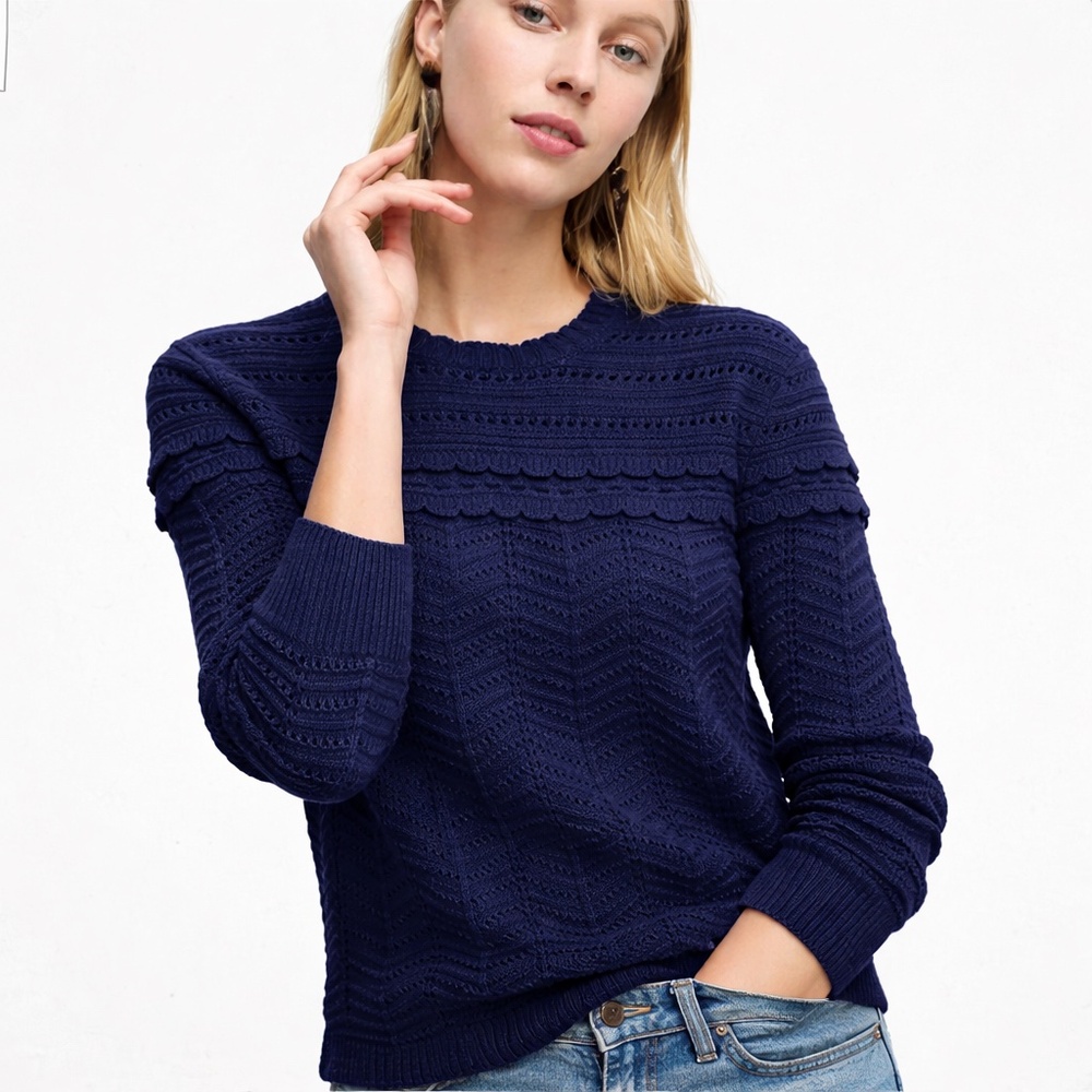 J.Crew Women’s XXS Navy Pointelle Scalloped Wool Blend Crewneck Sweater NWT